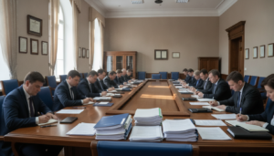 Sala de reuniones institucional con mesa grande, personas tomando notas en cuadernos, documentos sobre la mesa, ambiente f...