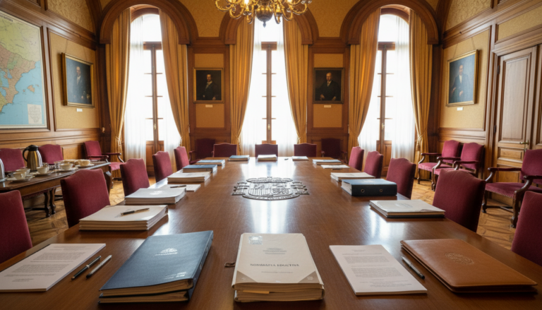 Sala de reuniones institucional con documentos educativos y normativa sobre la mesa, carpetas y bolígrafos, ambiente forma...
