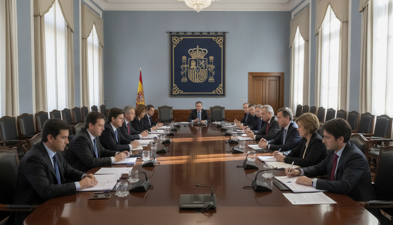 Sala de reuniones institucional con mesa alargada y sillas, profesores y funcionarios sentados debatiendo documentos educa...
