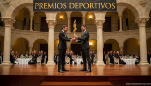 Elegant sports award ceremony on a prestigious stage, trophy being presented, formal event with audience in suits, warm go...