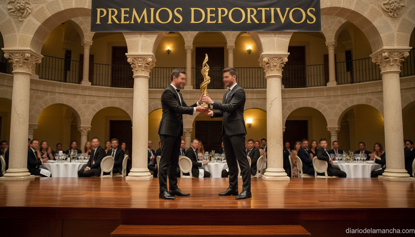 Elegant sports award ceremony on a prestigious stage, trophy being presented, formal event with audience in suits, warm go...