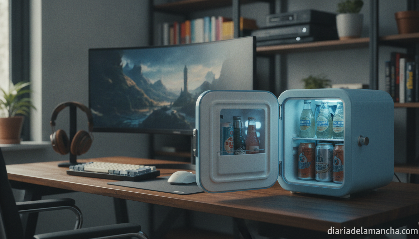 El mini frigorífico retro para enfriar tus bebidas con estilo 1 Mini nevera retro azul estilo vintage en escritorio de gaming u oficina en casa