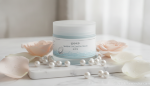 Crema coreana Mizon Collagen antiedad con colágeno marino en mármol blanco