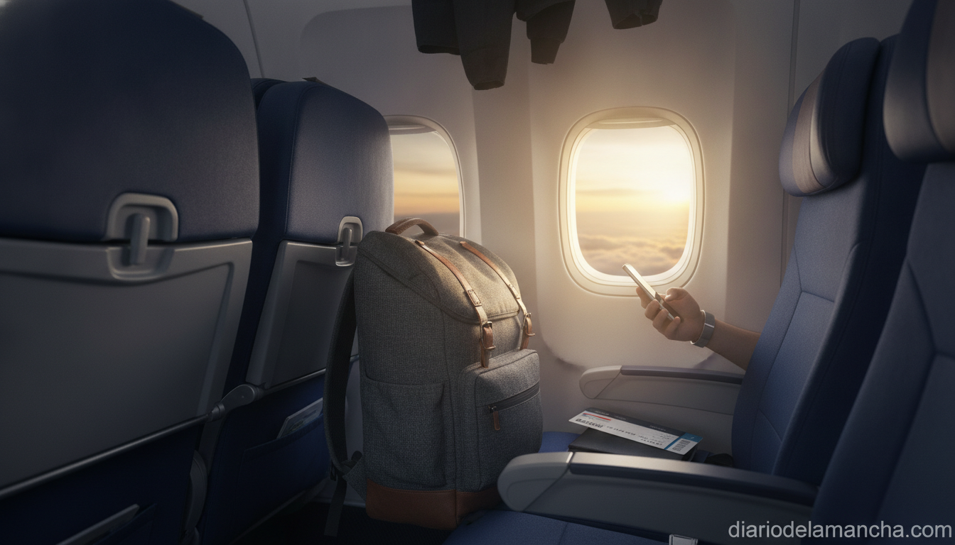 La mochila de cabina perfecta para viajar por el mundo sin facturar 1 Mochila de cabina junto a ventanilla de avión con pasaporte y tarjeta de embarque