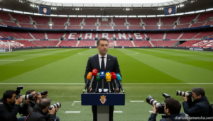 Entrenador de fútbol en rueda de prensa ante un gran estadio