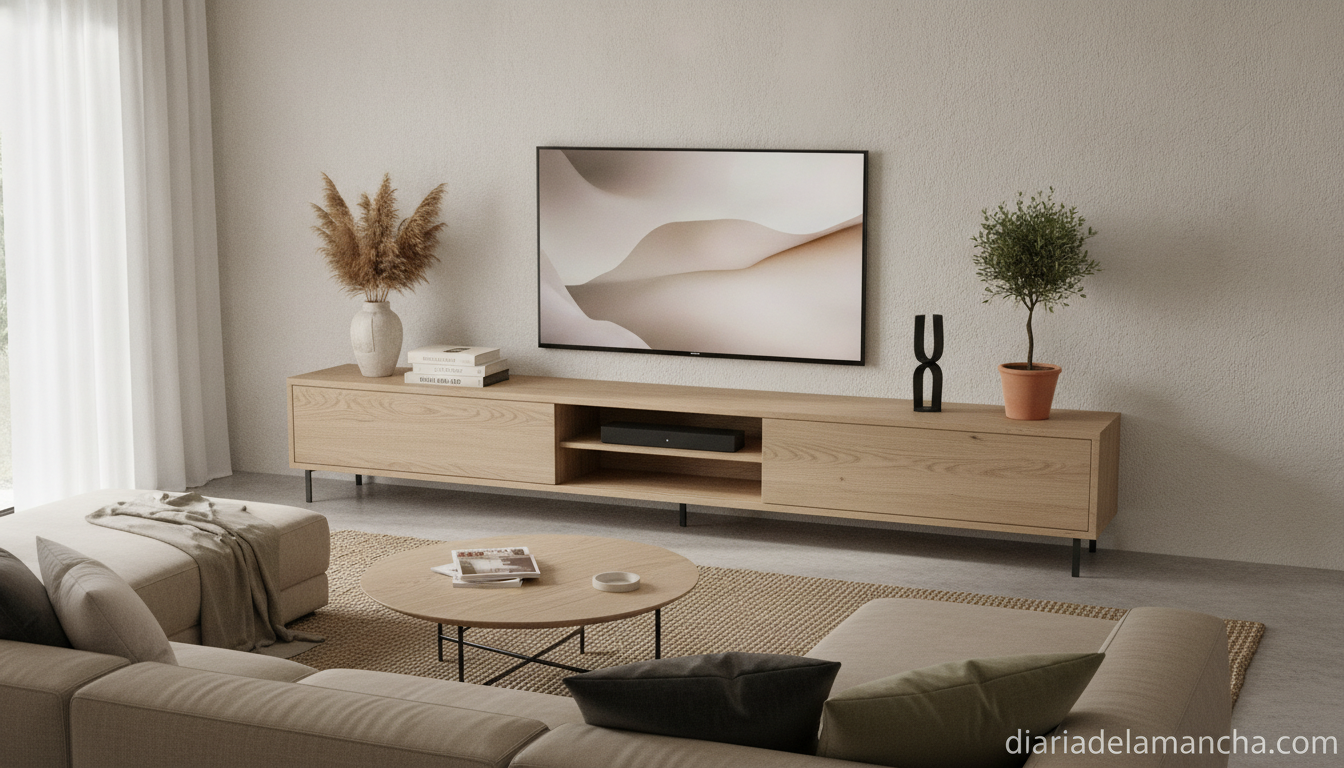 Cómo seleccionar el tamaño adecuado de tu televisor para disfrutar al máximo de tus películas y series favoritas 1 Mueble de TV moderno en salón decorado