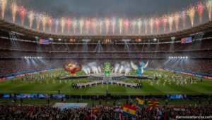Colorful football World Cup opening ceremony at a packed stadium with three mascots representing different countries, fest...