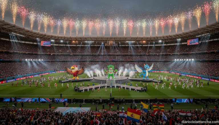 Colorful football World Cup opening ceremony at a packed stadium with three mascots representing different countries, fest...