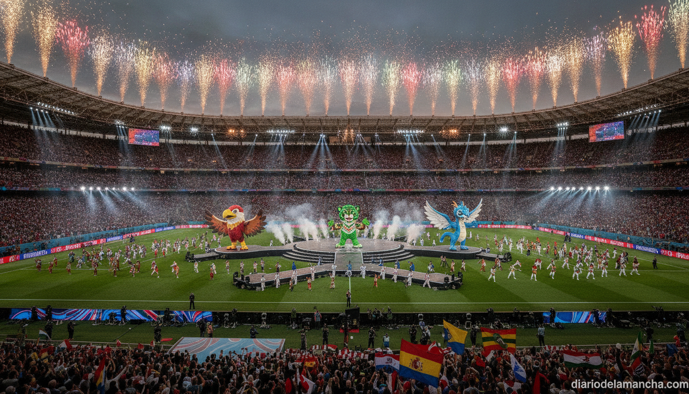 Colorful football World Cup opening ceremony at a packed stadium with three mascots representing different countries, fest...