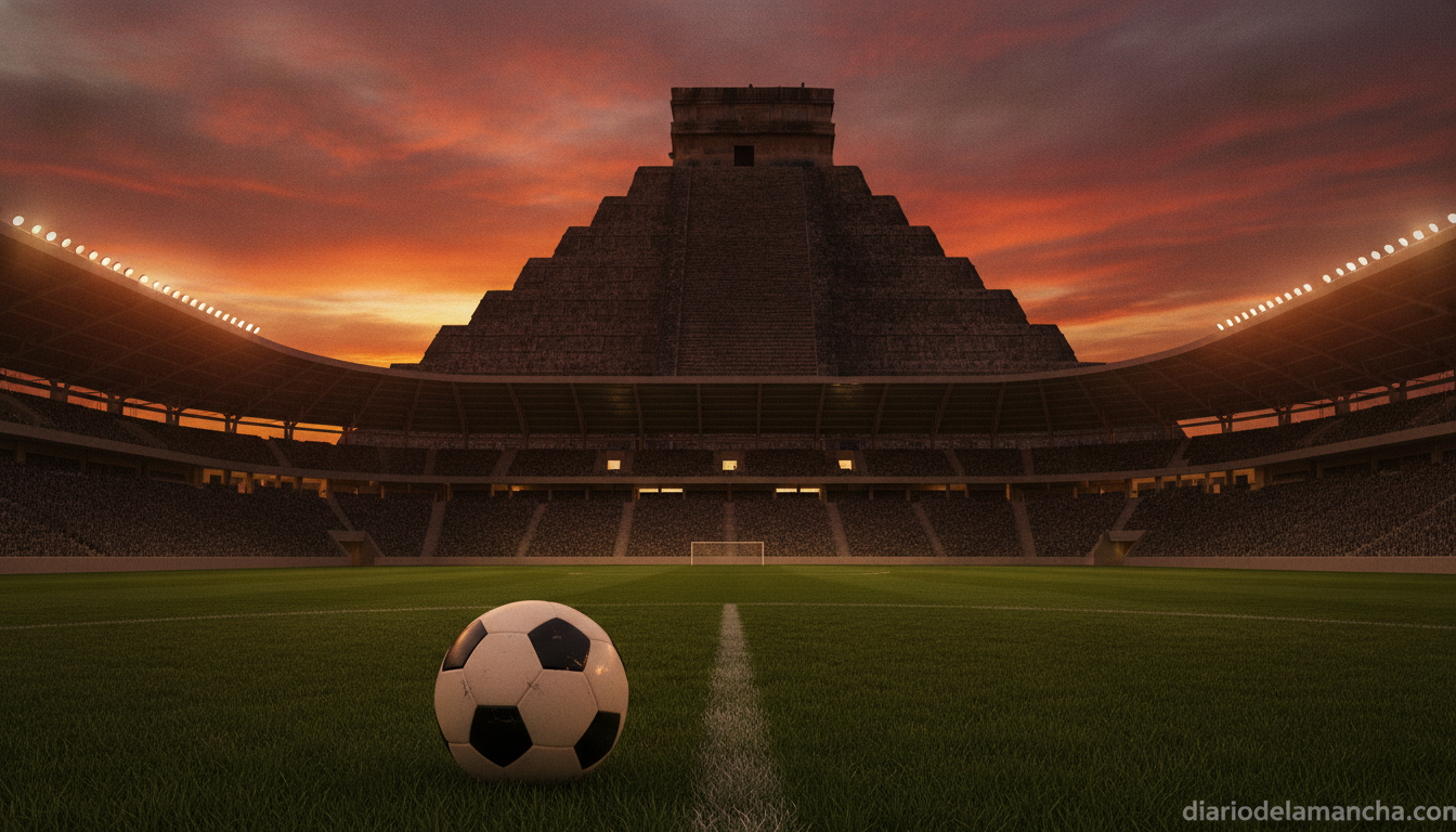 Dramatic football stadium at dusk with ancient Mayan stone pyramid silhouette in the background, soccer ball resting on a ...