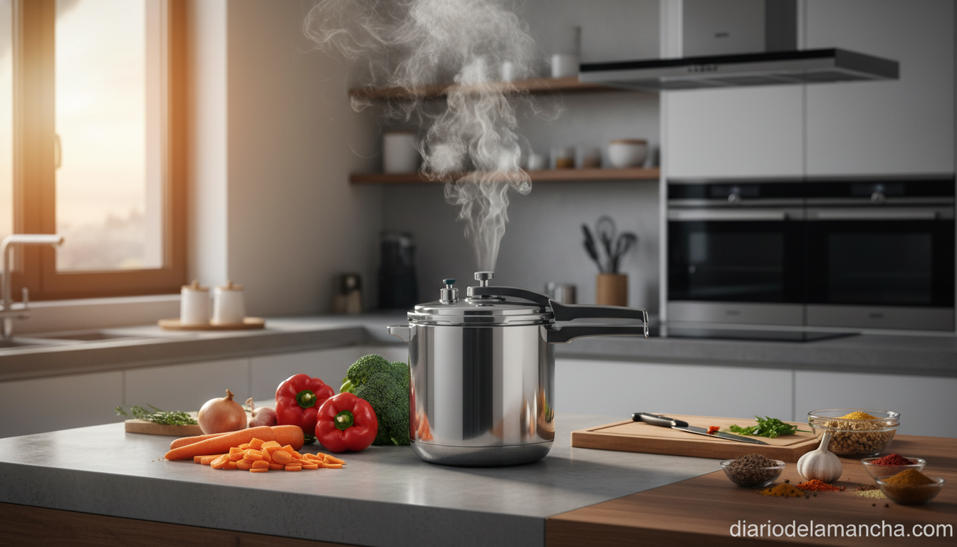 Olla a presión de acero inoxidable en cocina moderna con ingredientes