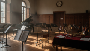 Aula de musica en conservatorio con atriles, partituras y instrumentos musicales ordenados, ambiente formal de examen, luz...