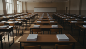 Sala de examen universitaria con mesas y sillas ordenadas en filas, folios en blanco sobre las mesas, ambiente tranquilo y...