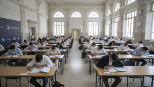 Examination room with students taking a written test, rows of desks with papers and pencils, Spain official competitive ex...