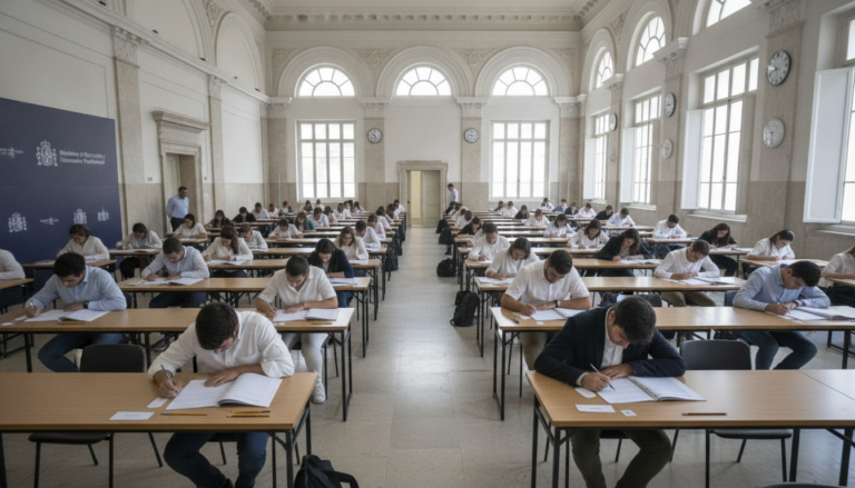 Examination room with students taking a written test, rows of desks with papers and pencils, Spain official competitive ex...