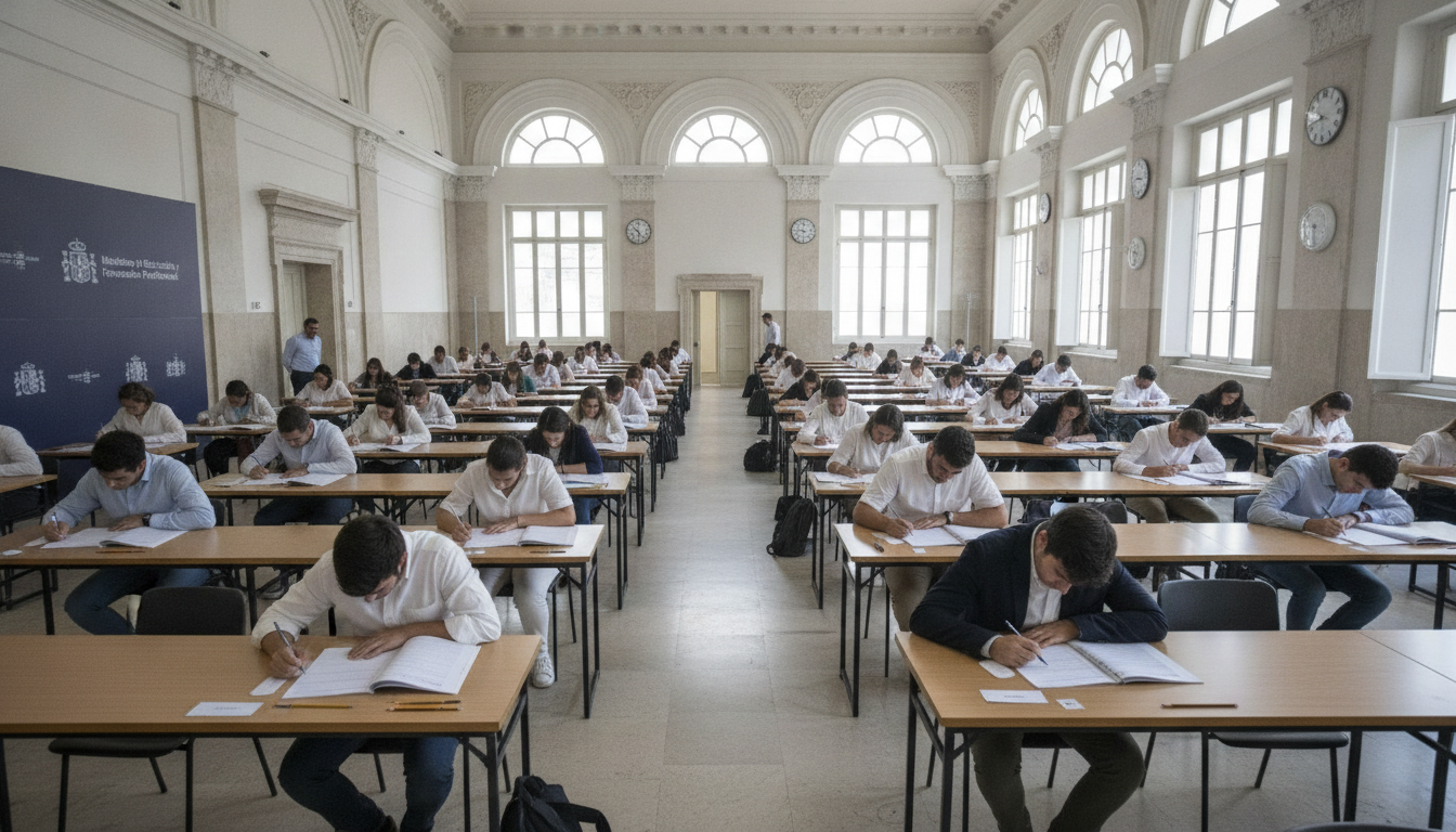 Examination room with students taking a written test, rows of desks with papers and pencils, Spain official competitive ex...