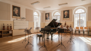Aula de música en una escuela pública de España con piano de cola, atriles de partituras y ventanas con luz natural, sin p...