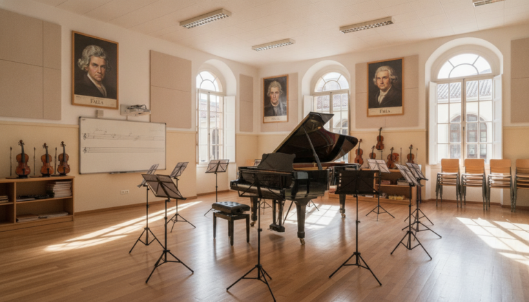 Aula de música en una escuela pública de España con piano de cola, atriles de partituras y ventanas con luz natural, sin p...