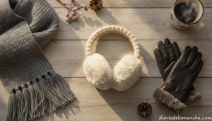 Orejeras con diadema junto a bufanda y guantes de invierno, accesorios para el frío
