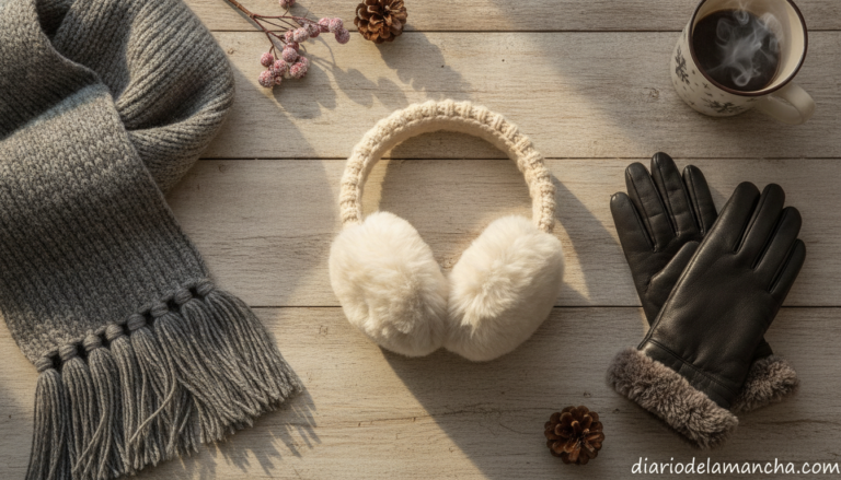 Orejeras con diadema junto a bufanda y guantes de invierno, accesorios para el frío