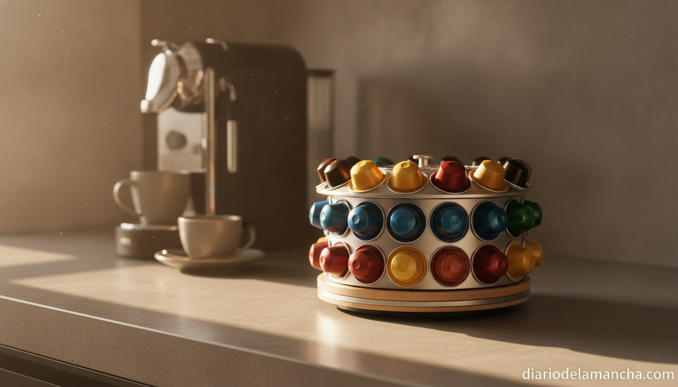 Organizador giratorio de cápsulas de café Nespresso y Dolce Gusto en cocina moderna