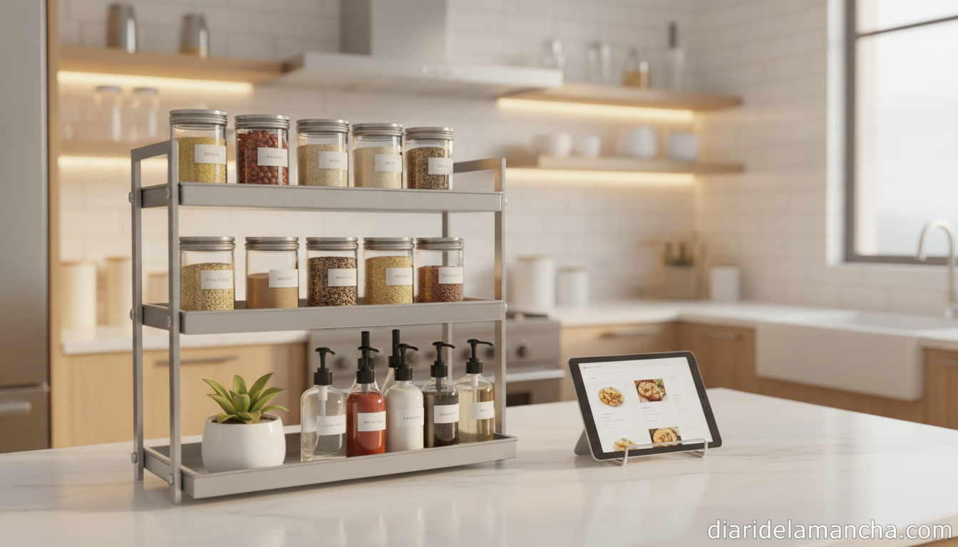 Estantería organizadora ajustable en encimera de cocina ordenada