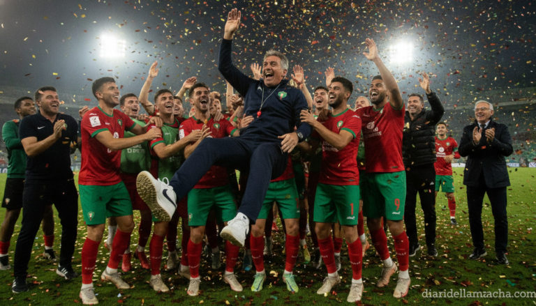 Celebración del cuerpo técnico y jugadores de la selección marroquí tras clasificarse para cuartos del Mundial 2026