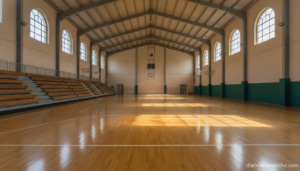 Interior of a sports hall gymnasium with a polished wooden floor, bleachers along the side, natural light entering from hi...