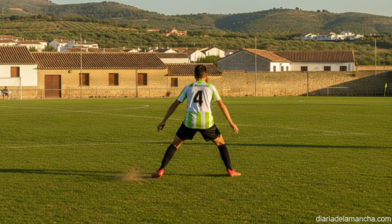 A young football defender in a white and green jersey training on a grass pitch in a small Spanish town stadium, action sh...