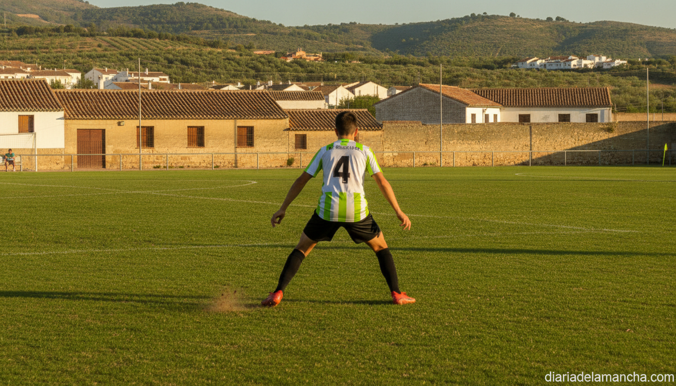 A young football defender in a white and green jersey training on a grass pitch in a small Spanish town stadium, action sh...