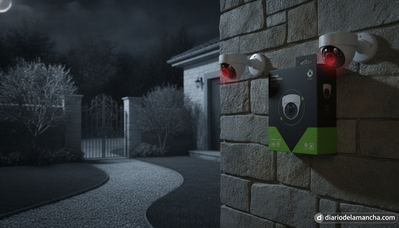 Pack de cámaras de seguridad inalámbricas Blink Outdoor instaladas en exterior de casa con jardín