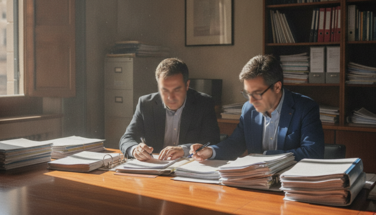 Dos funcionarios públicos revisando documentos oficiales en una oficina administrativa española, con papeles y carpetas so...