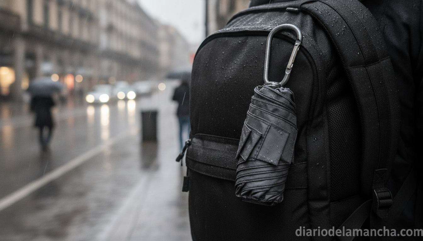 El paraguas innovador de asa mosquetón que se convierte en hit por liberar tus manos 1 Paraguas plegable con asa mosquetón colgado de una mochila