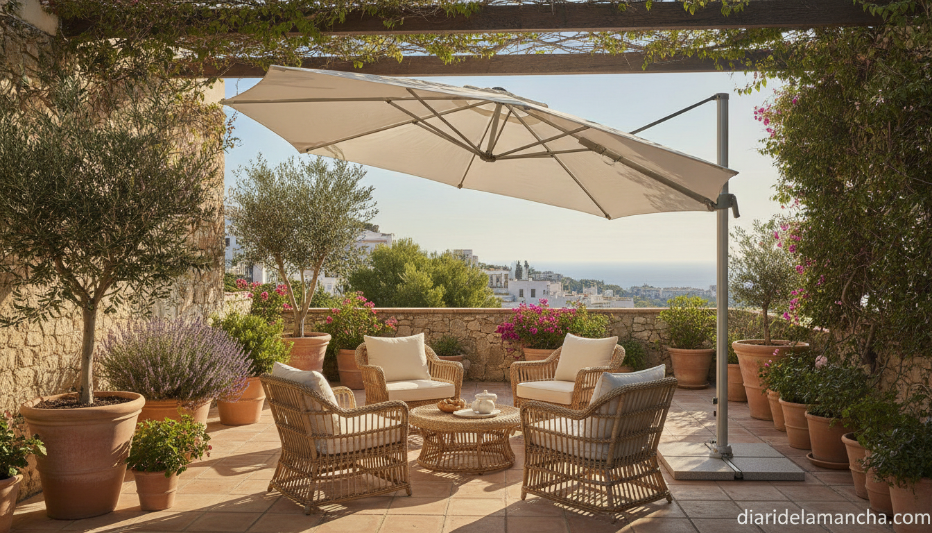 Un parasol excéntrico que transformará tu terraza por solo 69 € 1 Parasol excéntrico de gran diámetro en terraza mediterránea con muebles de ratán