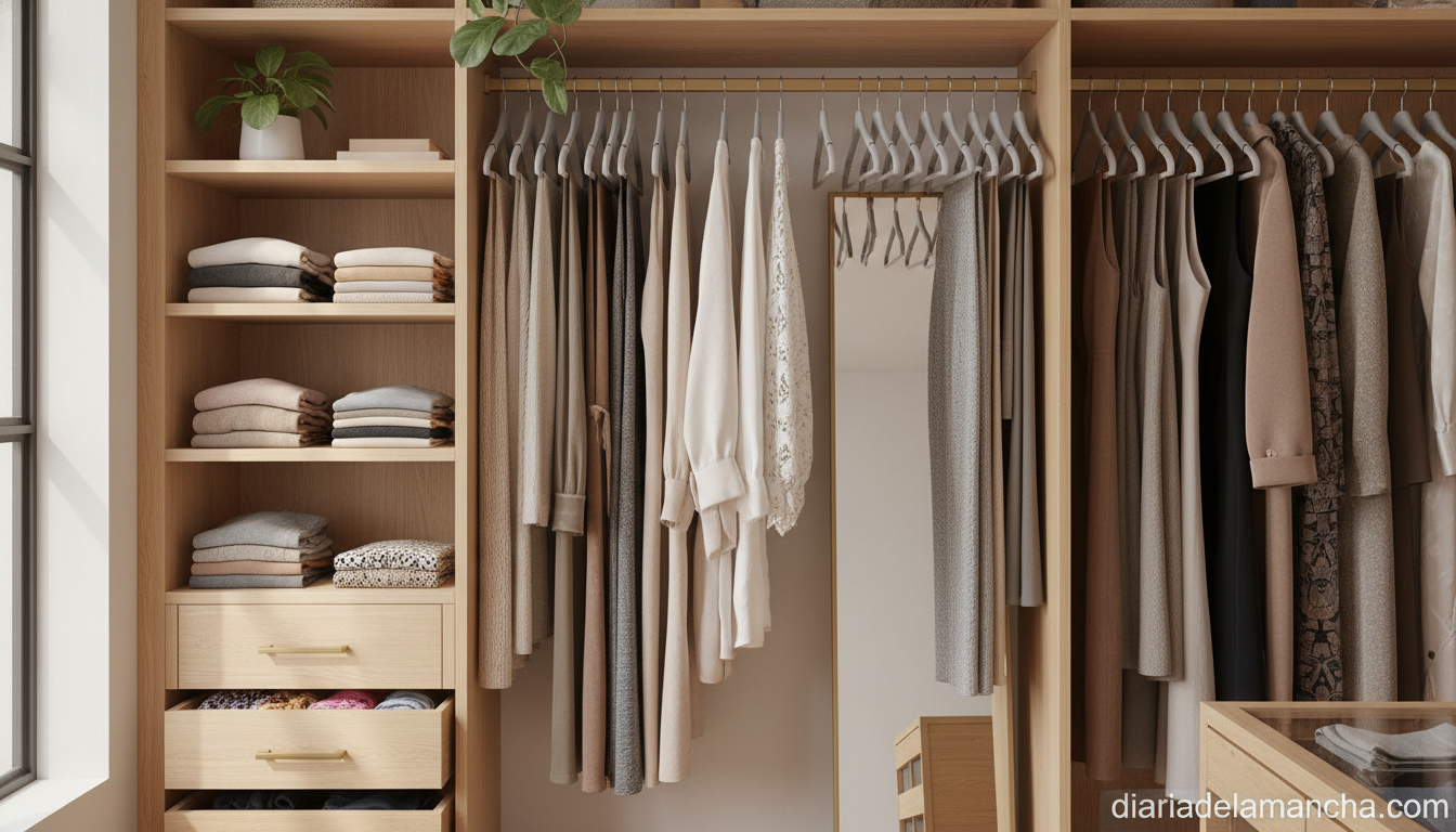 Perchas plegables para optimizar espacio en armario con ropa bien organizada