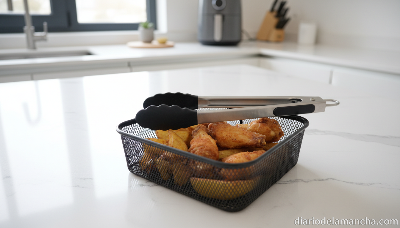 Pinzas de cocina con silicona para freidora de aire sobre encimera