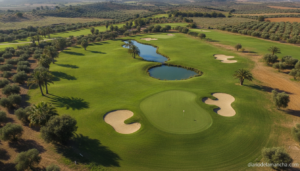 Aerial view of a beautiful golf pitch and putt course in Spain, lush green fairways, small par-3 holes, sunny day, no iden...