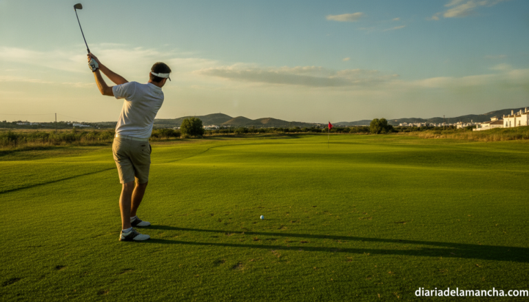 A golfer playing pitch and putt on a lush green course in Spain, mid-swing with short iron club, realistic sports photogra...