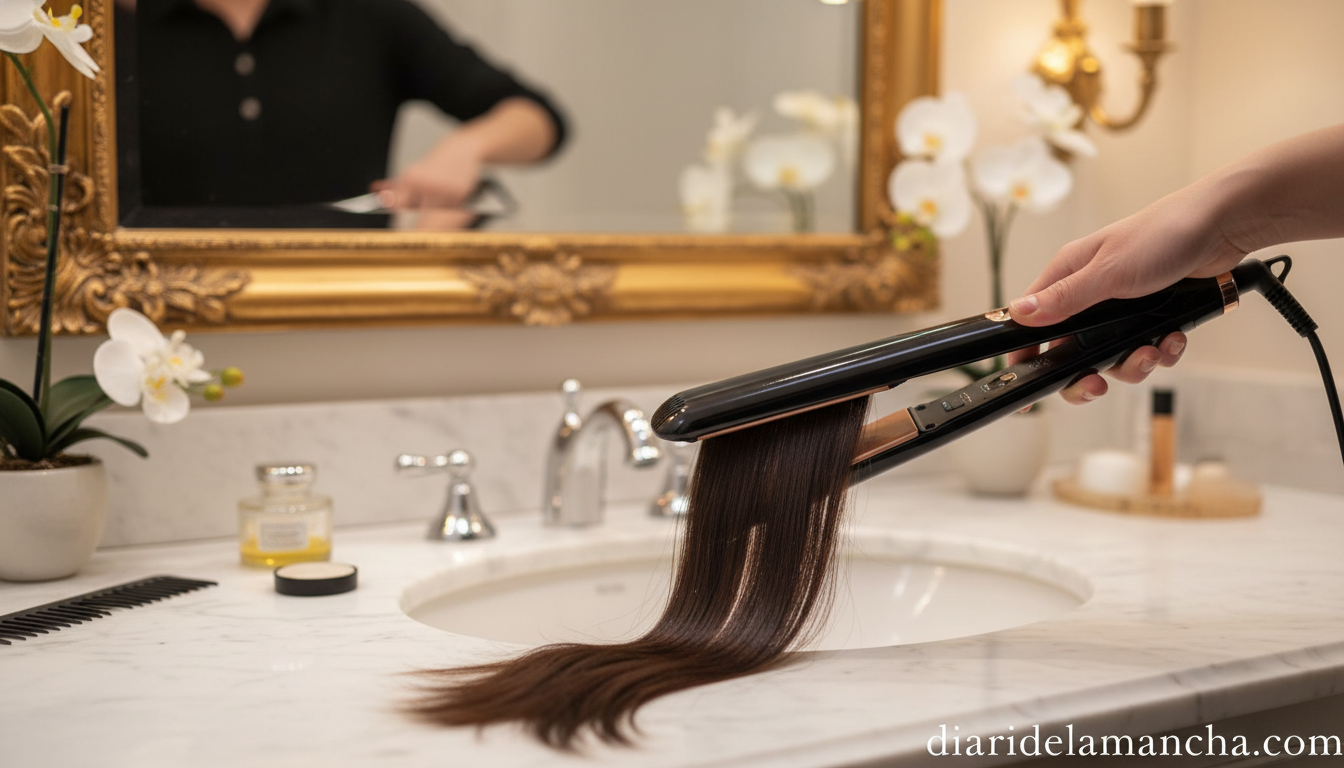 Plancha de pelo profesional estilizando cabello en baño