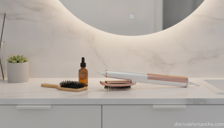 Plancha secadora 2 en 1 sobre encimera de baño moderno con cepillo y productos capilares