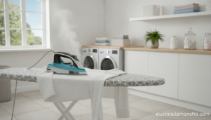 Plancha de vapor deslizándose sobre camisa blanca en tabla de planchar en hogar moderno