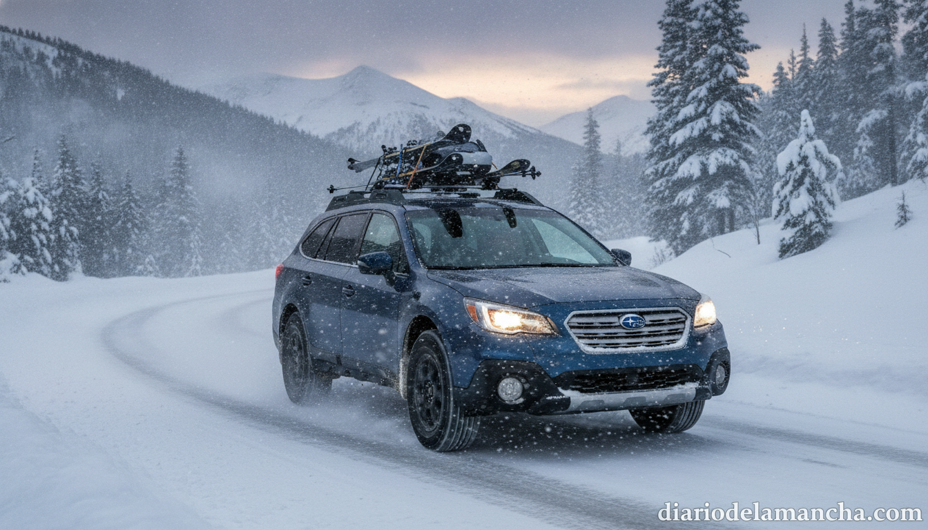 Coche con portaesquís cargado de material de esquí en carretera nevada