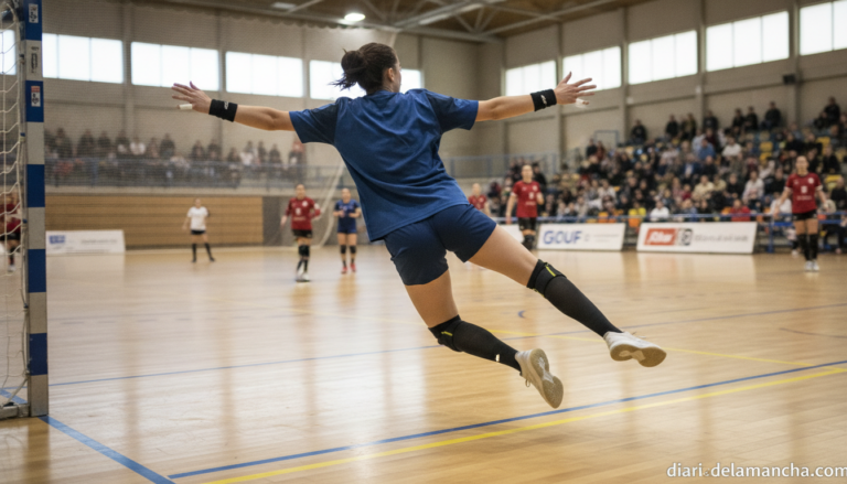 A female handball goalkeeper in action, mid-motion defending the goal with arms stretched wide, photographed inside a spor...