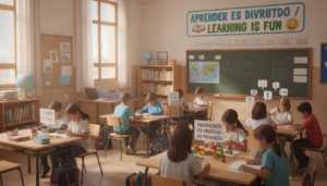 Aula de colegio en España con cartel bilingüee visible en la pared. Niños trabajando en grupos, ambiente académico, materi...