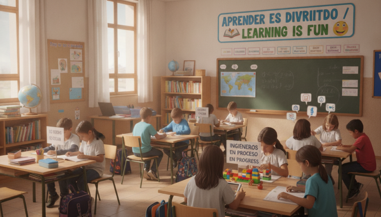 Aula de colegio en España con cartel bilingüee visible en la pared. Niños trabajando en grupos, ambiente académico, materi...