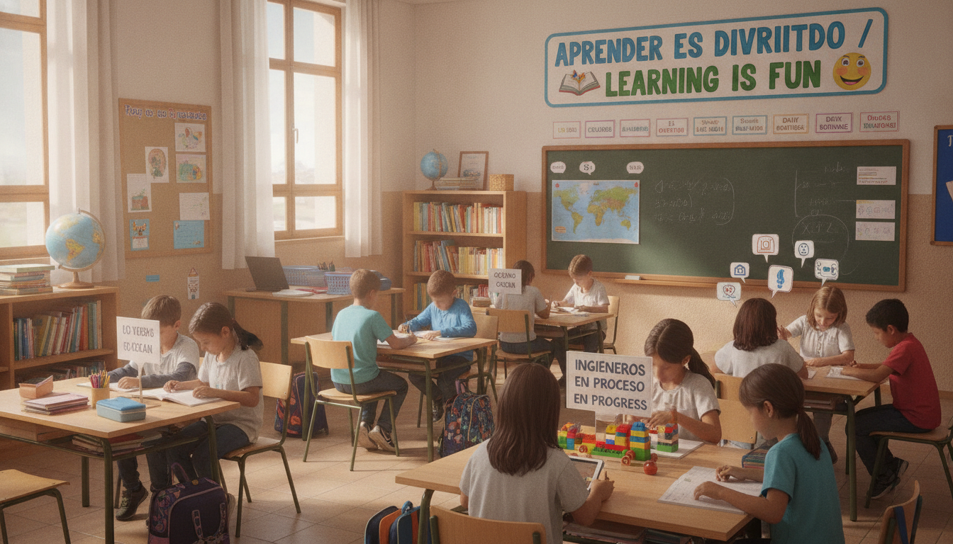 Aula de colegio en España con cartel bilingüee visible en la pared. Niños trabajando en grupos, ambiente académico, materi...