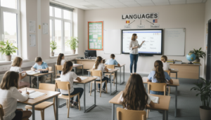Aula escolar moderna con niños aprendiendo inglés, cartel de idiomas en la pared, ambiente educativo luminoso y ordenado, ...
