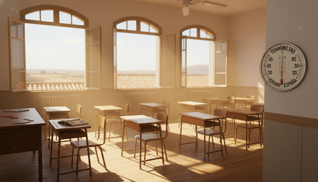 Aula escolar con ventanas abiertas en día de calor, sillas y mesas vacías, termostato o termómetro en la pared, luz solar ...