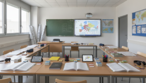 Aula moderna de Escuela Oficial de Idiomas en España con pizarra, mapas lingüísticos y materiales educativos sobre mesas, ...