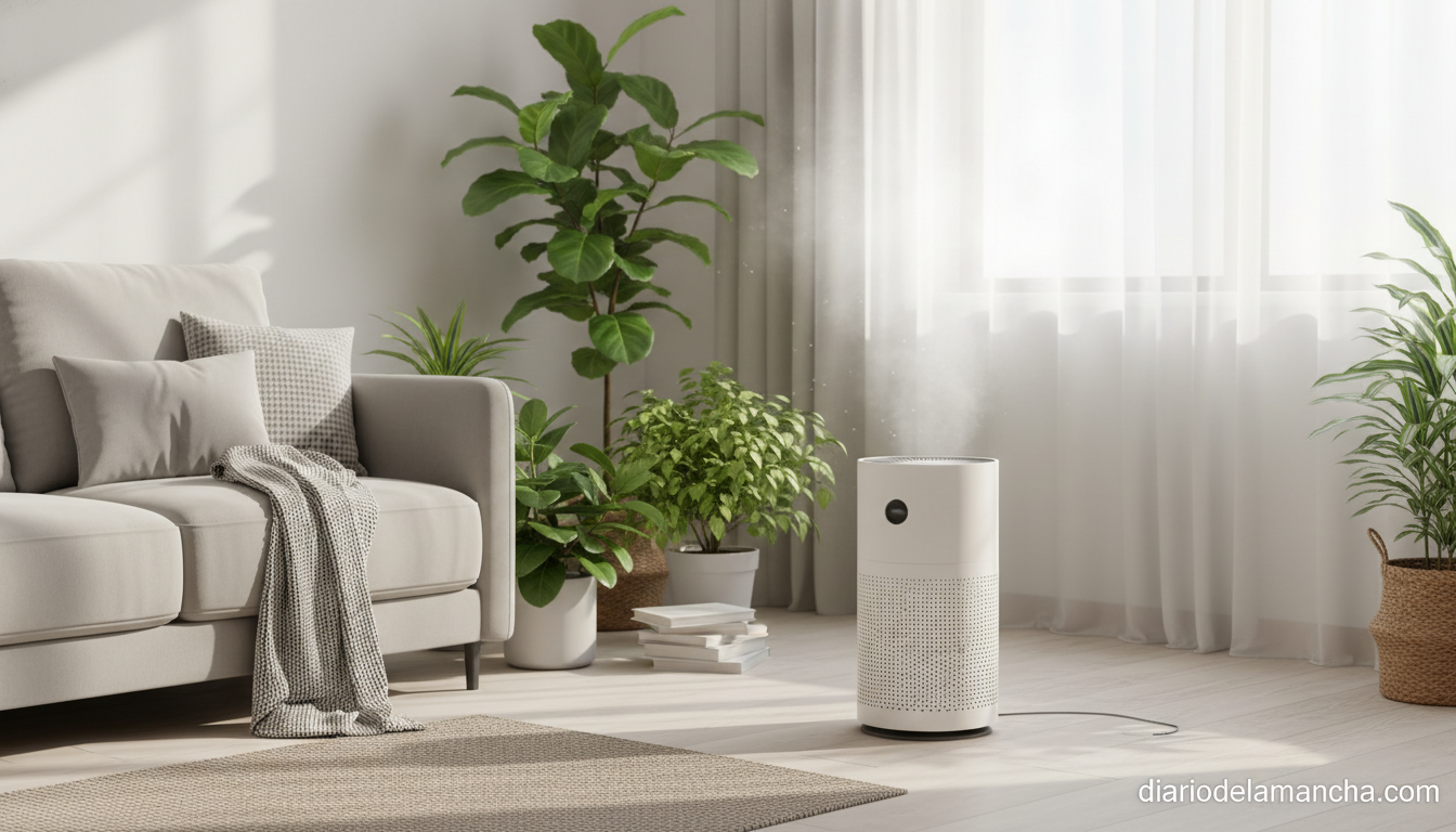 Purificador de aire moderno en salón luminoso, mejores modelos 2026